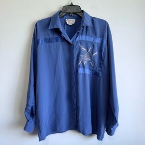 Vintage 90s Jac Dale Royal Blue Embroidered Satin Button Down Blouse Size 12